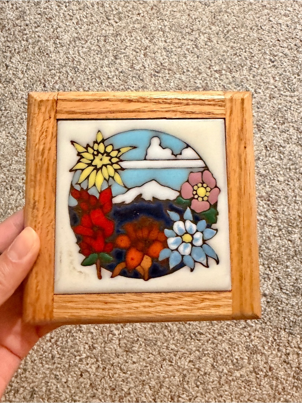 Floral Mountain Ceramic Tile Art in Oak Frame - Multicolor
